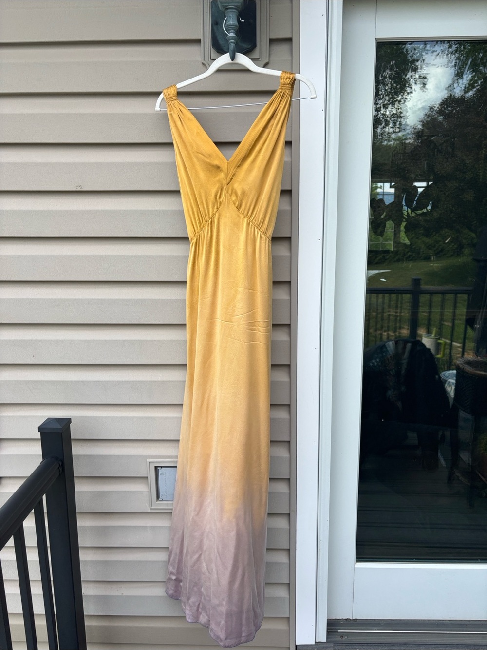 Raquel Allegra Mustard Yellow to Taupe Ombre V-Neck Maxi Dress